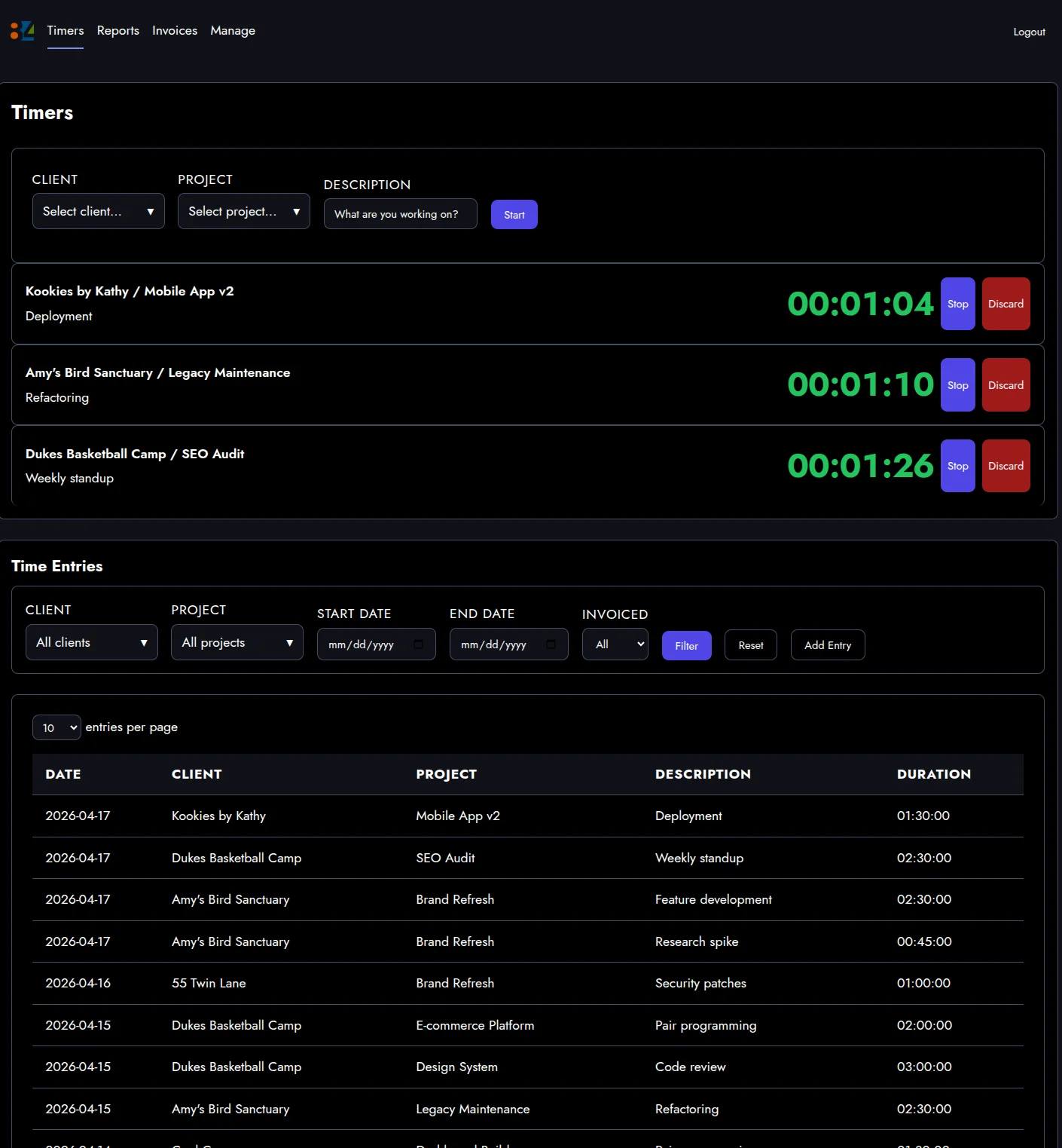 Three timers running simultaneously for three different clients, with a time entries table below