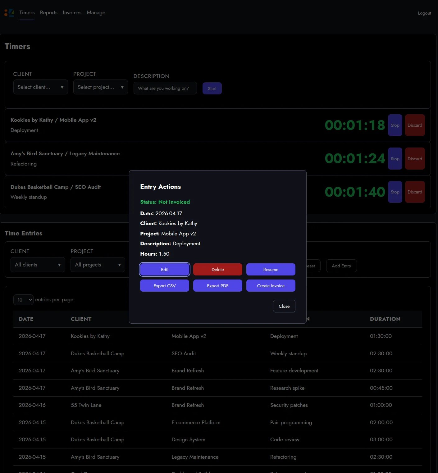 A small menu overlaying a time entry with Edit, Delete, Resume, Export, and Create Invoice options