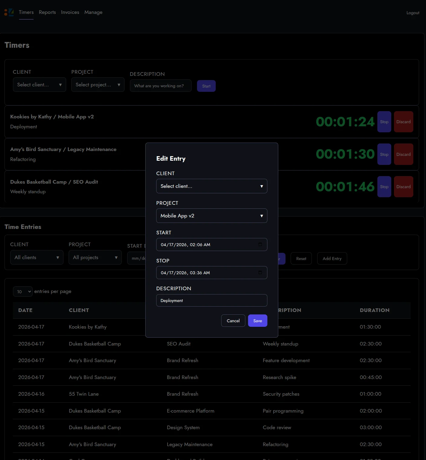An edit form showing client, project, start and stop datetime, and description fields