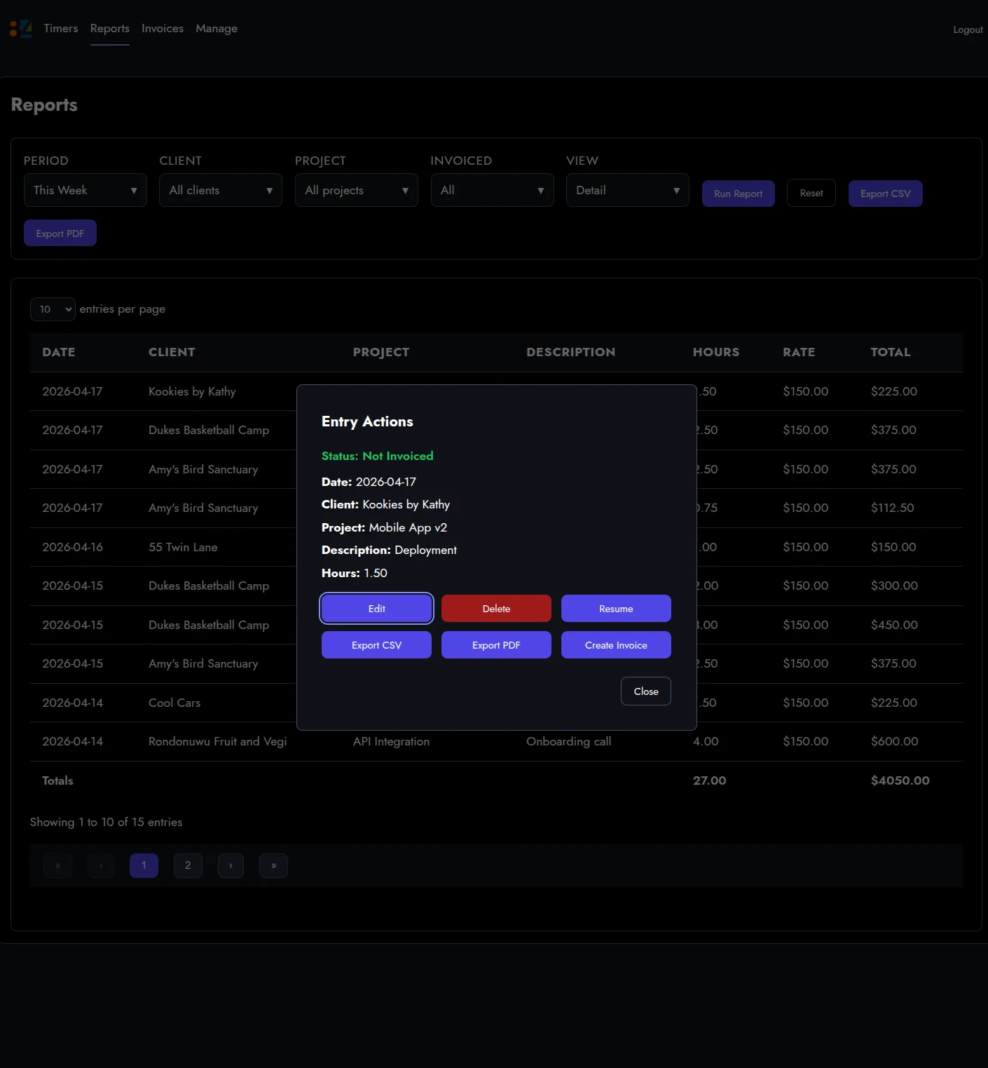 The entry actions menu on a row in the Reports view