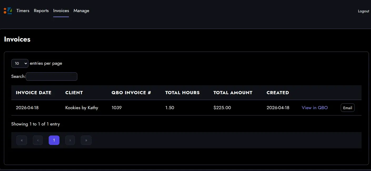 An Invoices page listing the invoice with columns for date, client, QBO invoice number, total hours, and total amount