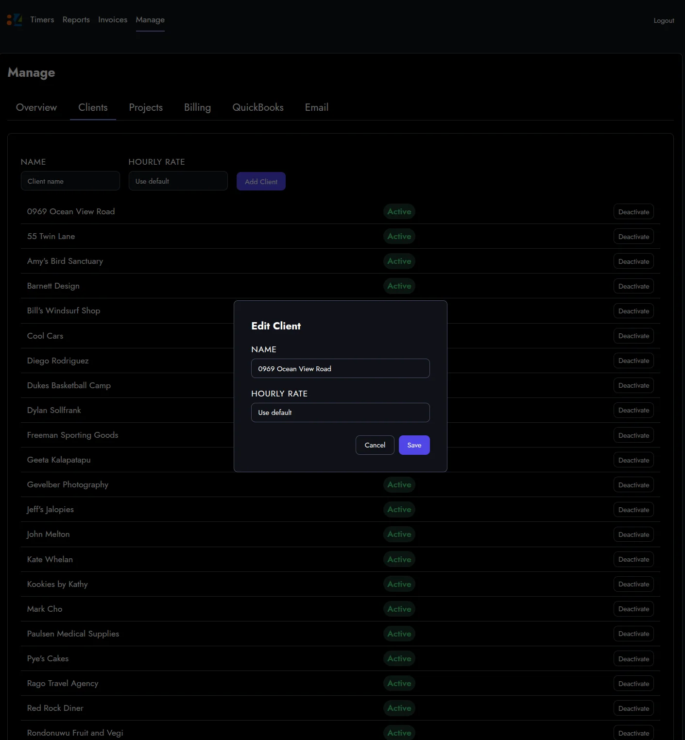 The Manage Clients tab with an Edit Client modal open, showing name and hourly rate fields