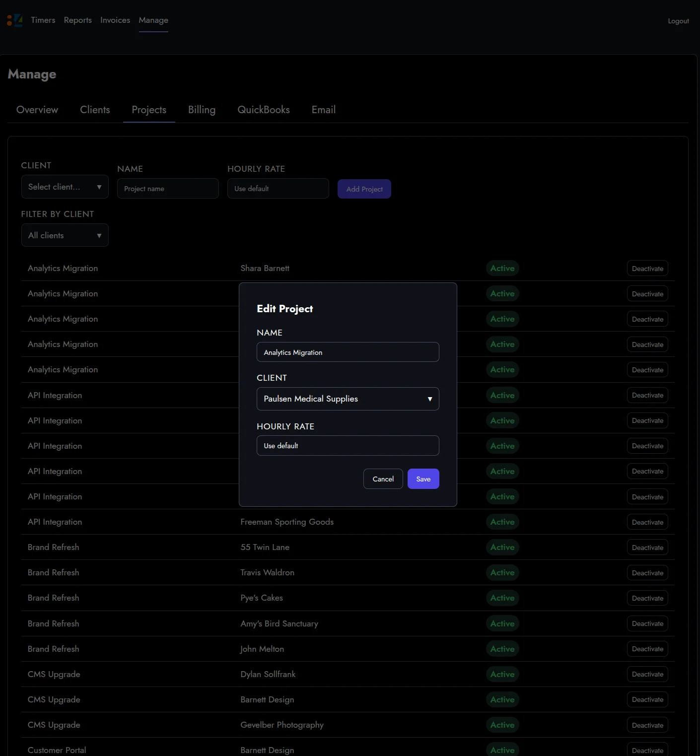 The Manage Projects tab with an Edit Project modal showing name, client dropdown, and hourly rate