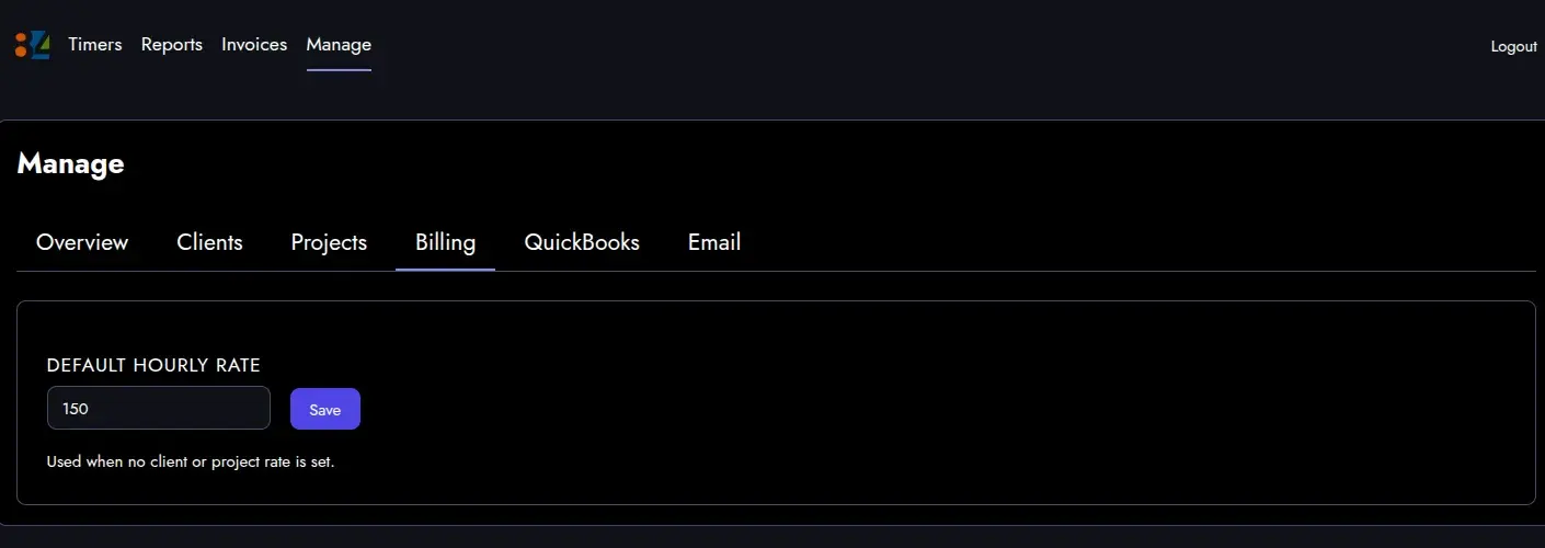 A Billing settings screen with a single default hourly rate field