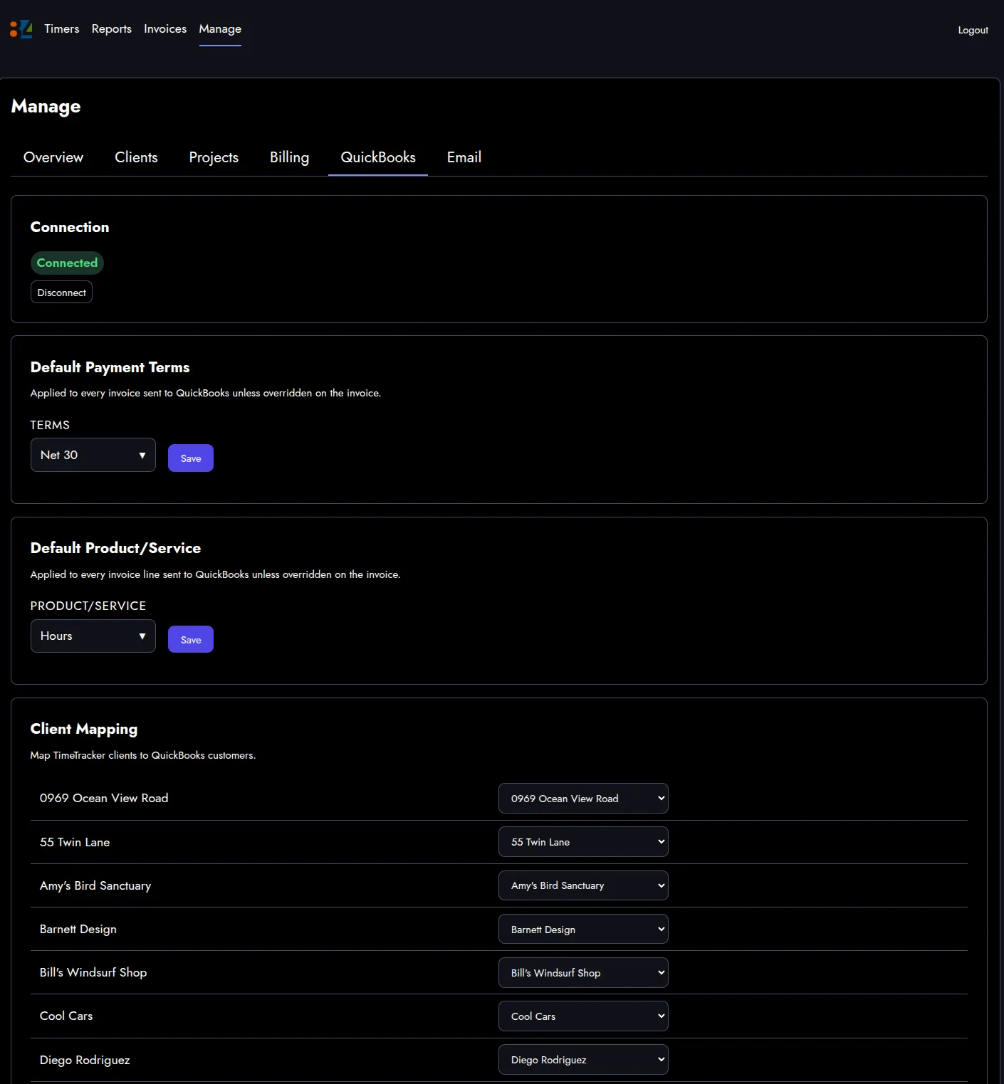 The QuickBooks settings tab showing Connected status, default payment terms, default product service, and a client mapping list