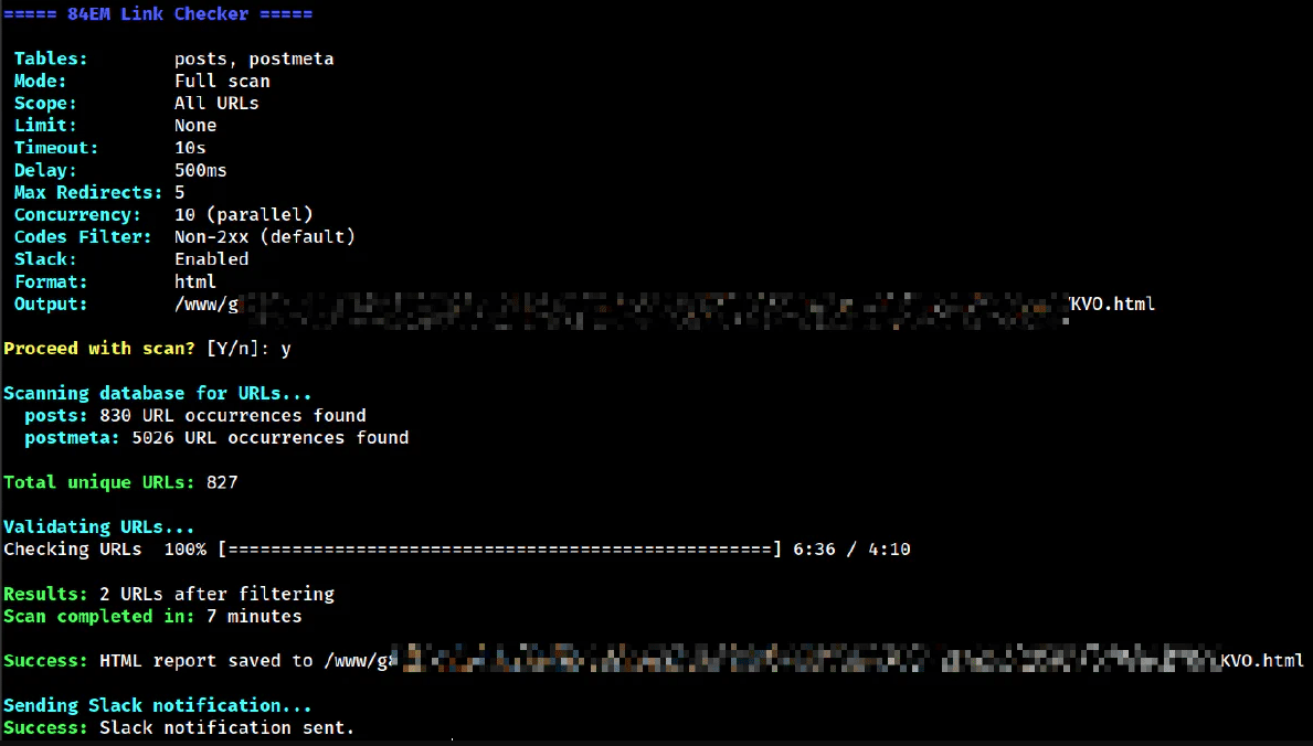 Completed scan showing 827 unique URLs checked in 7 minutes